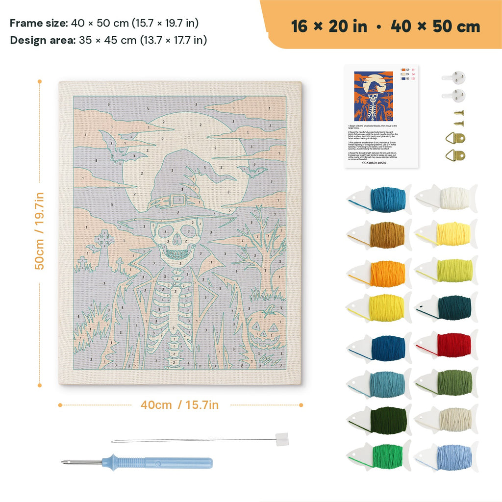 Skeleton in a Witch Hat punch needle kit, 16 × 20 in (40 × 50 cm): canvas size and kit contents