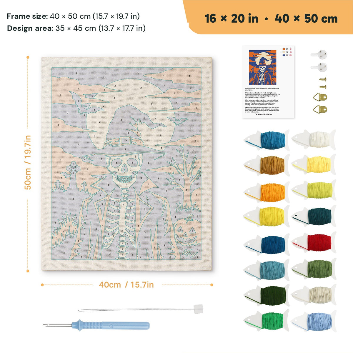 Skeleton in a Witch Hat punch needle kit, 16 × 20 in (40 × 50 cm): canvas size and kit contents