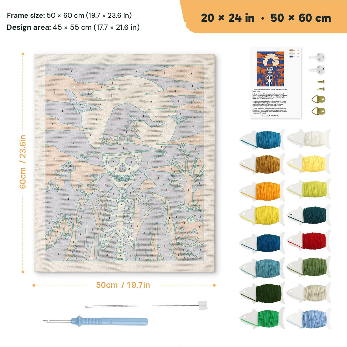 Skeleton in a Witch Hat punch needle kit, 20 × 24 in (50 × 60 cm): canvas size and kit contents