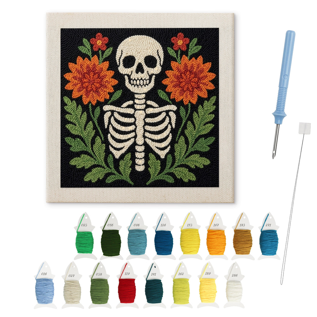 Skeleton in Bloom punch needle kit: finished canvas with threads, punch needle and threader