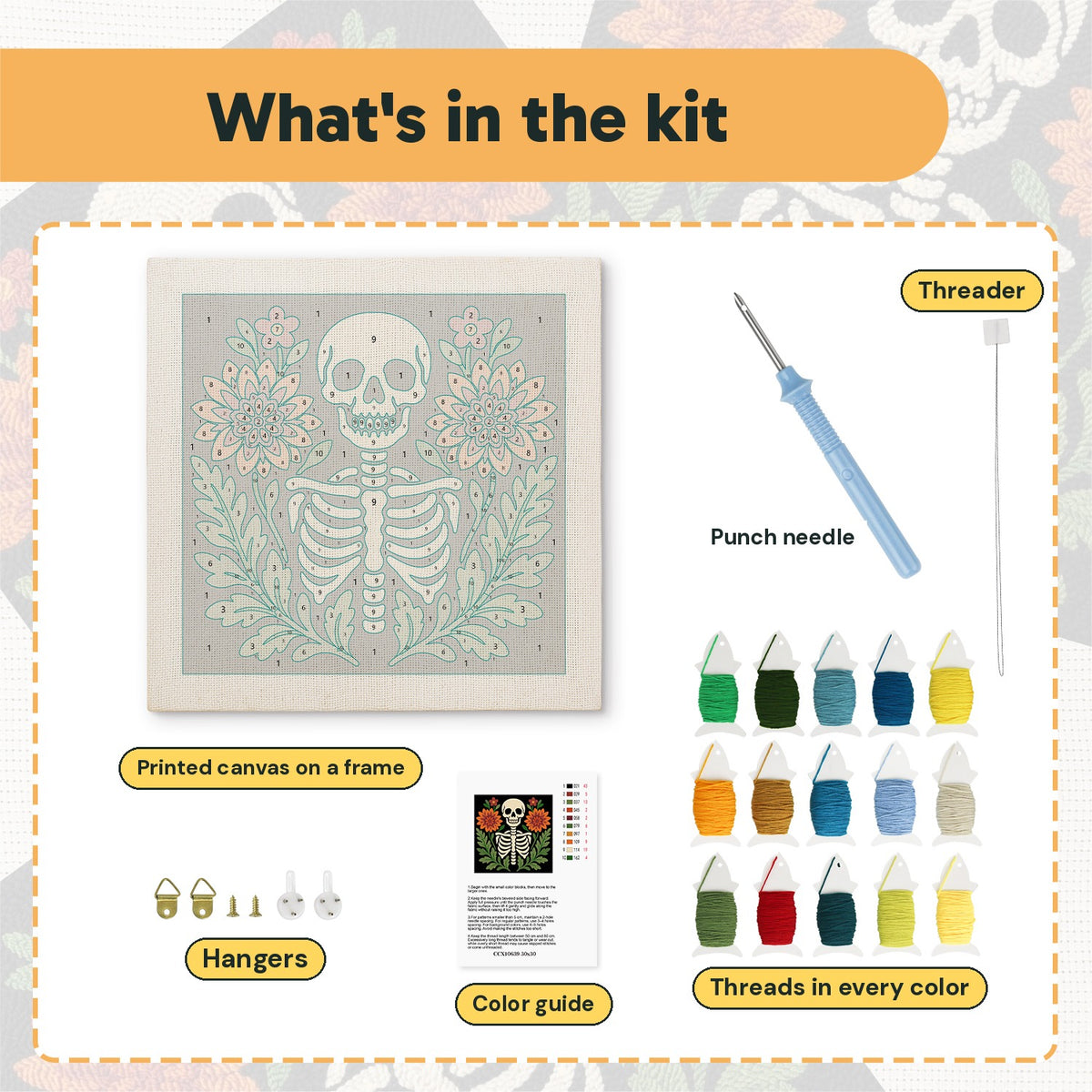 What is in the Skeleton in Bloom kit: printed canvas, punch needle, threader, threads, color guide and hangers