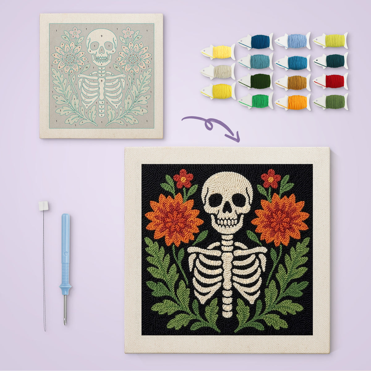 Skeleton in Bloom canvas before and after punching, with the threads and tools