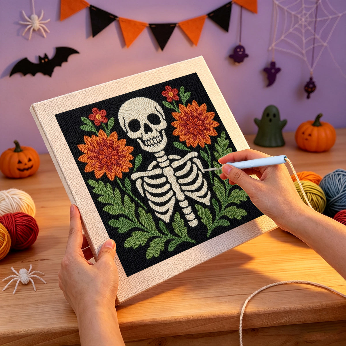 Punching the Skeleton in Bloom design with the punch needle