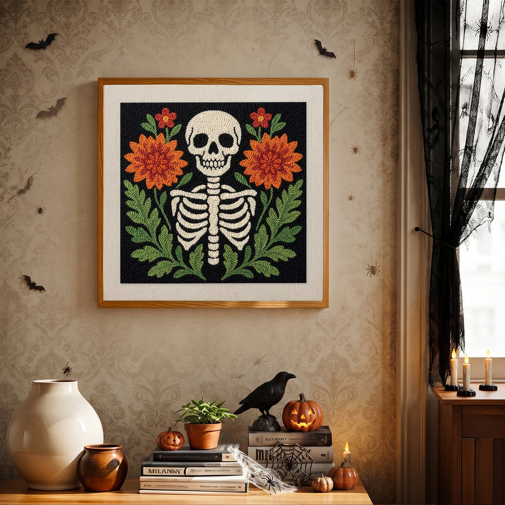 Finished Skeleton in Bloom punch needle canvas on a wall