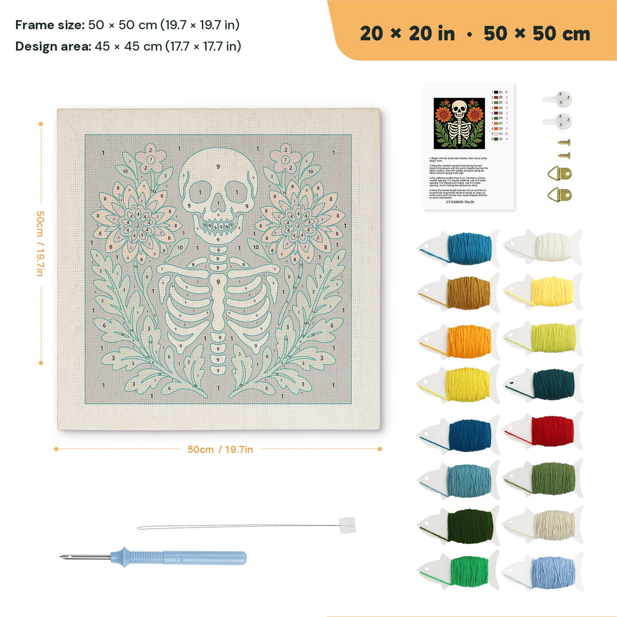 Skeleton in Bloom punch needle kit, 20 × 20 in (50 × 50 cm): canvas size and kit contents