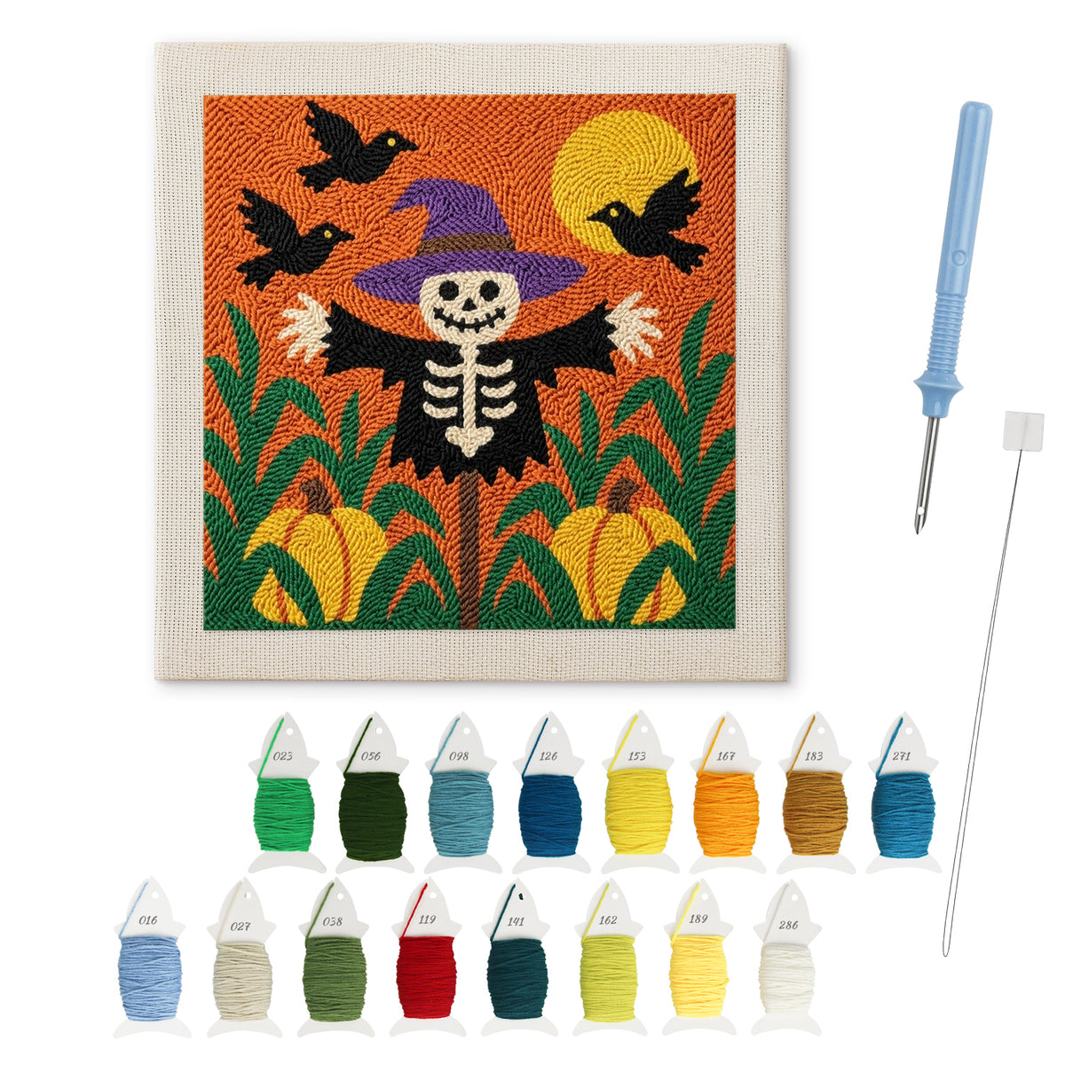Skeleton in the Corn punch needle kit: finished canvas with threads, punch needle and threader