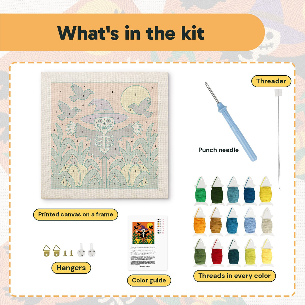 What is in the Skeleton in the Corn kit: printed canvas, punch needle, threader, threads, color guide and hangers