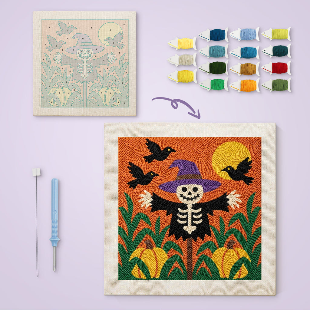 Skeleton in the Corn canvas before and after punching, with the threads and tools