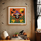Finished Skeleton in the Corn punch needle canvas on a wall