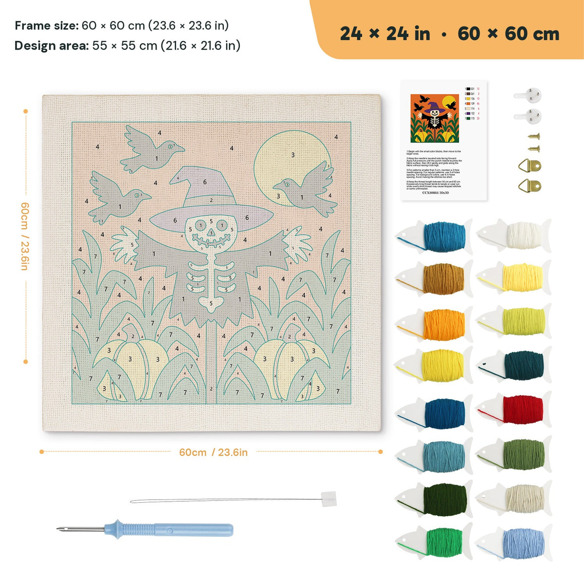 Skeleton in the Corn punch needle kit, 24 × 24 in (60 × 60 cm): canvas size and kit contents