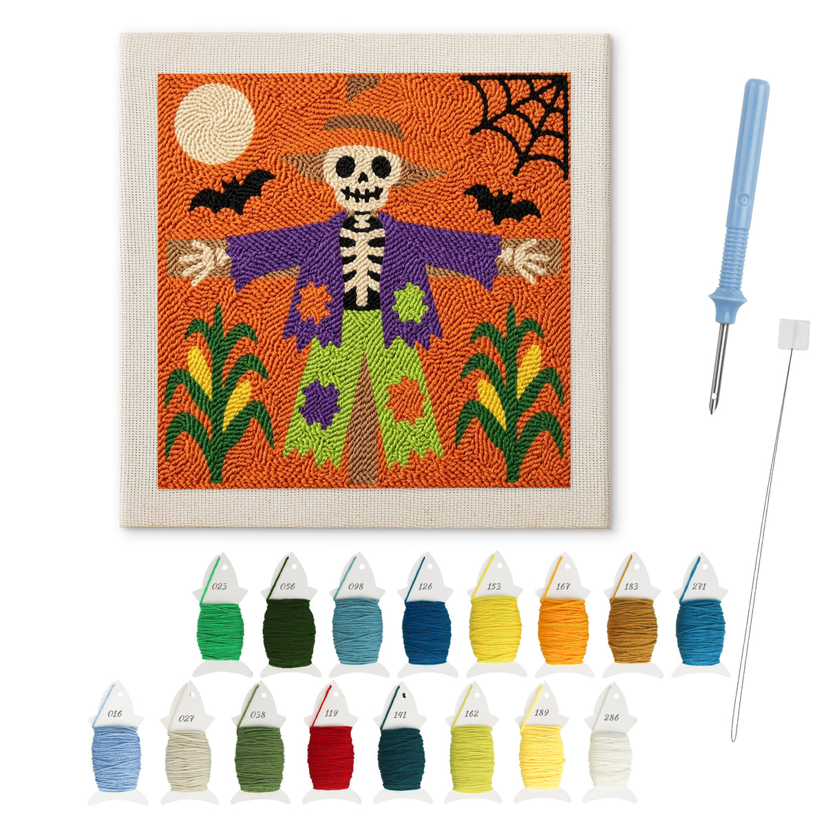 Skeleton Scarecrow punch needle kit: finished canvas with threads, punch needle and threader