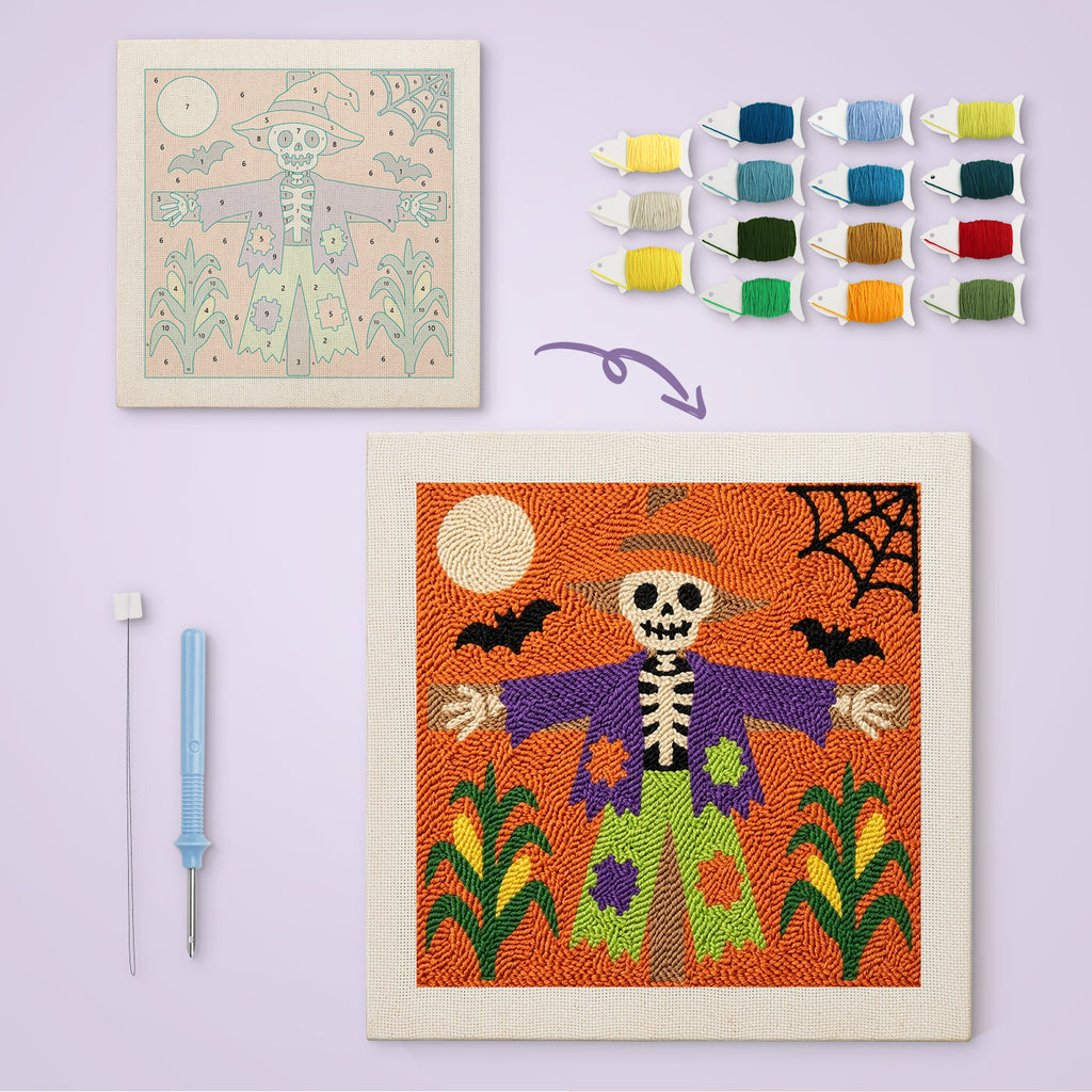 Skeleton Scarecrow canvas before and after punching, with the threads and tools