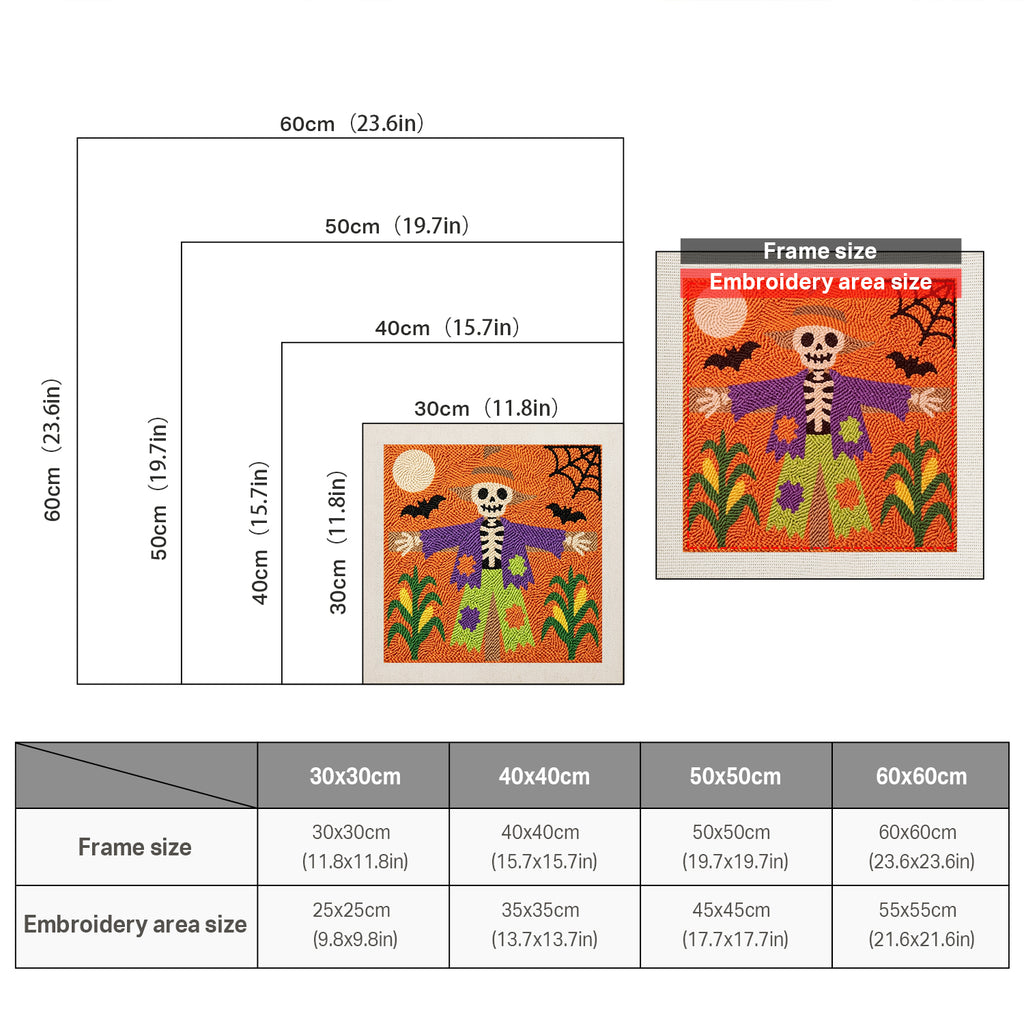 Size chart for square punch needle kits from 30 x 30 cm to 60 x 60 cm