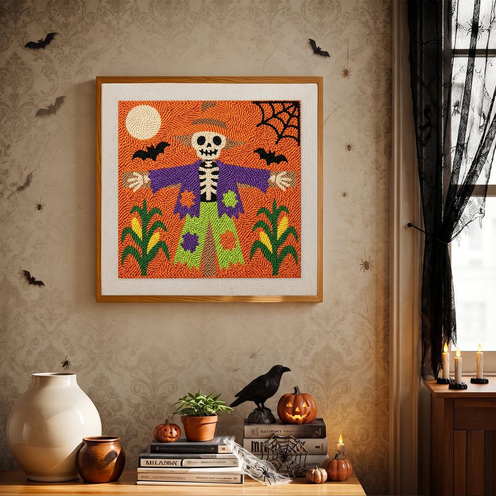 Finished Skeleton Scarecrow punch needle canvas on a wall
