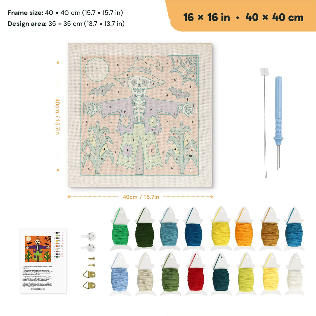 Skeleton Scarecrow punch needle kit, 16 × 16 in (40 × 40 cm): canvas size and kit contents