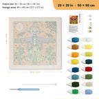 Skeleton Scarecrow punch needle kit, 20 × 20 in (50 × 50 cm): canvas size and kit contents