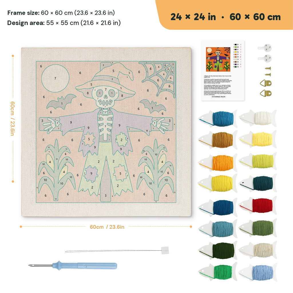Skeleton Scarecrow punch needle kit, 24 × 24 in (60 × 60 cm): canvas size and kit contents