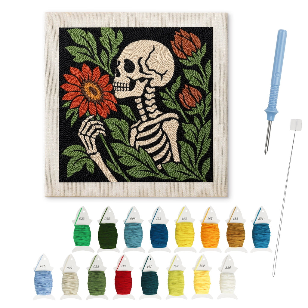 Skeleton Smelling a Flower punch needle kit: finished canvas with threads, punch needle and threader