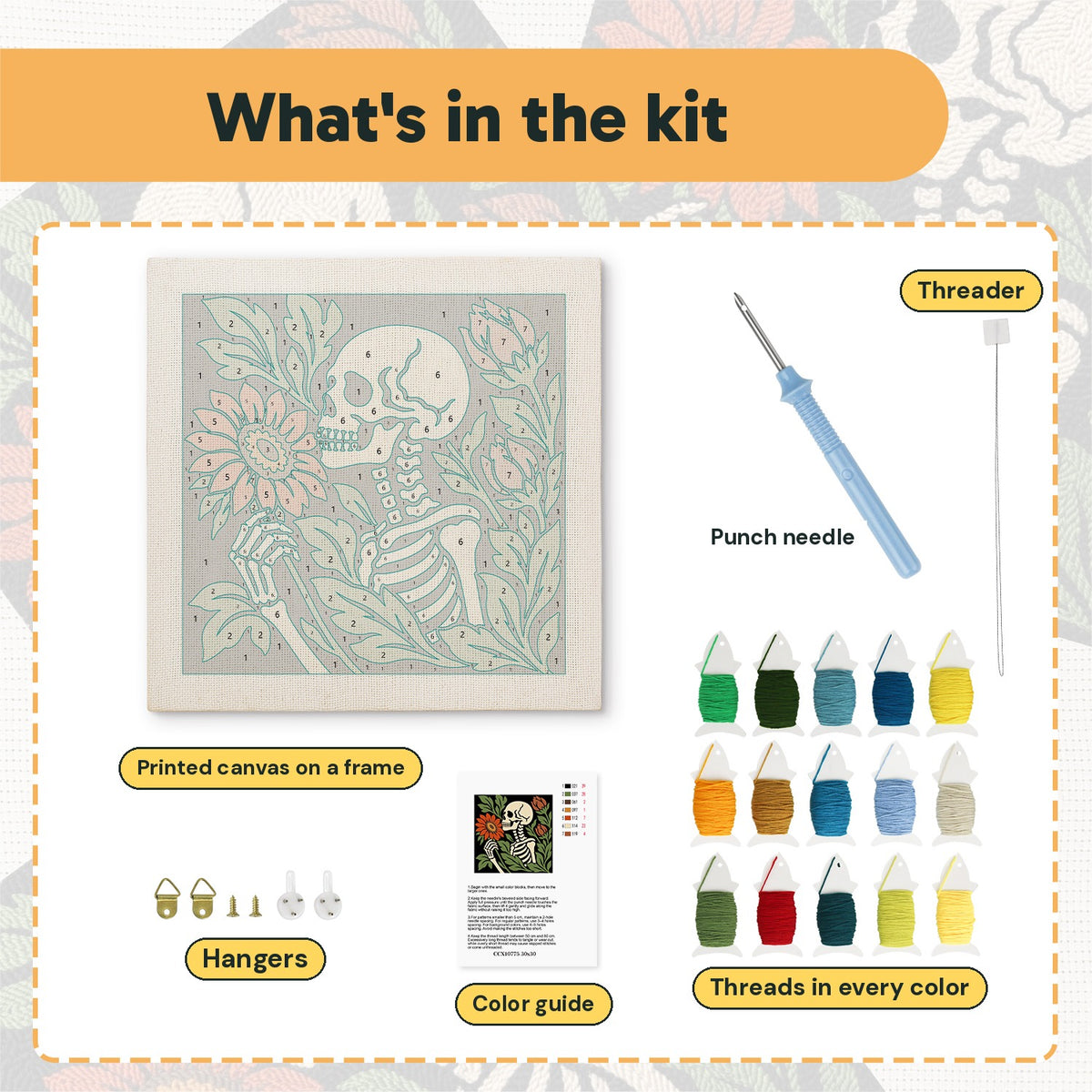 What is in the Skeleton Smelling a Flower kit: printed canvas, punch needle, threader, threads, color guide and hangers