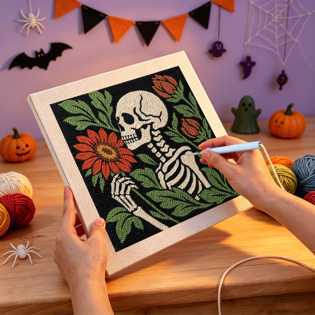 Punching the Skeleton Smelling a Flower design with the punch needle