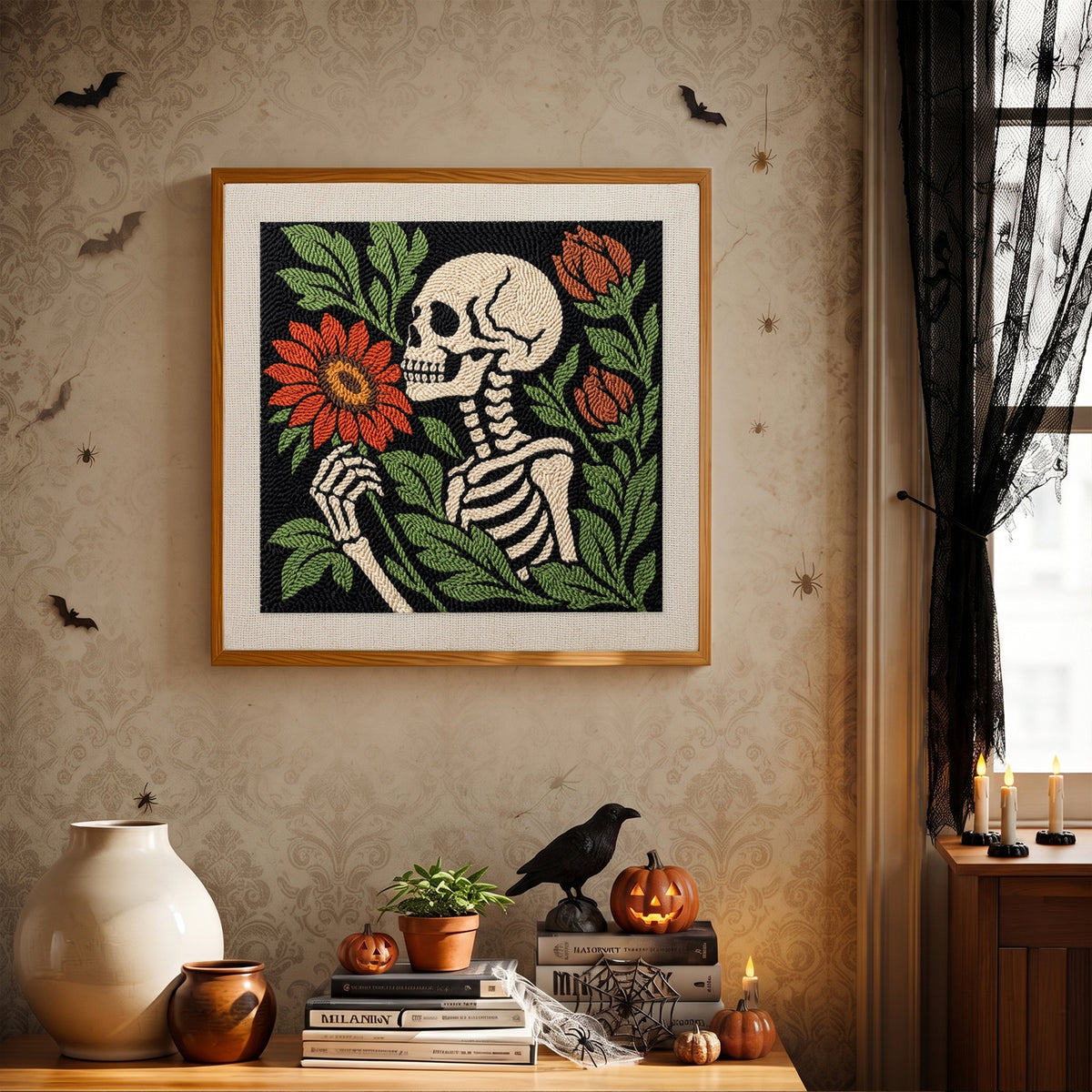 Finished Skeleton Smelling a Flower punch needle canvas on a wall