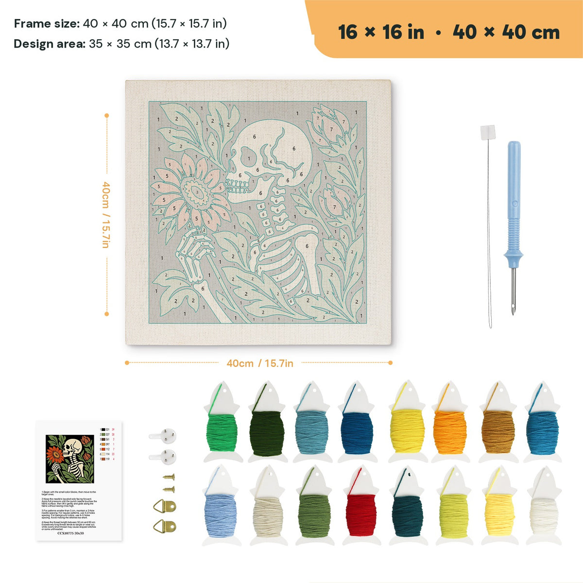 Skeleton Smelling a Flower punch needle kit, 16 × 16 in (40 × 40 cm): canvas size and kit contents