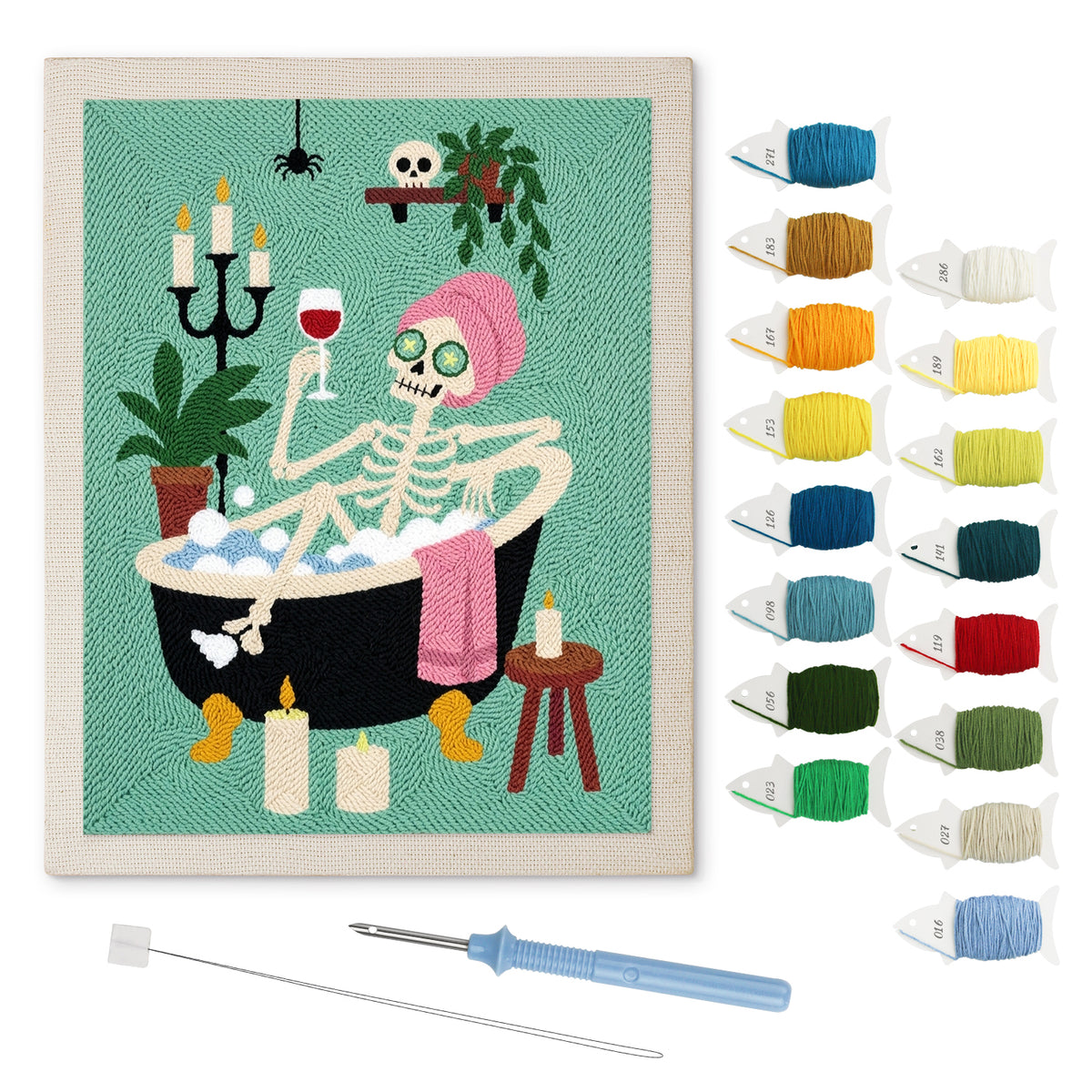 Skeleton Spa Night punch needle kit: finished canvas with threads, punch needle and threader