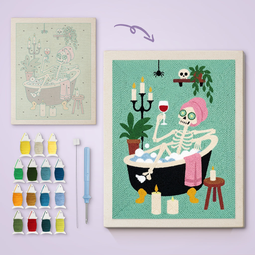 Skeleton Spa Night canvas before and after punching, with the threads and tools