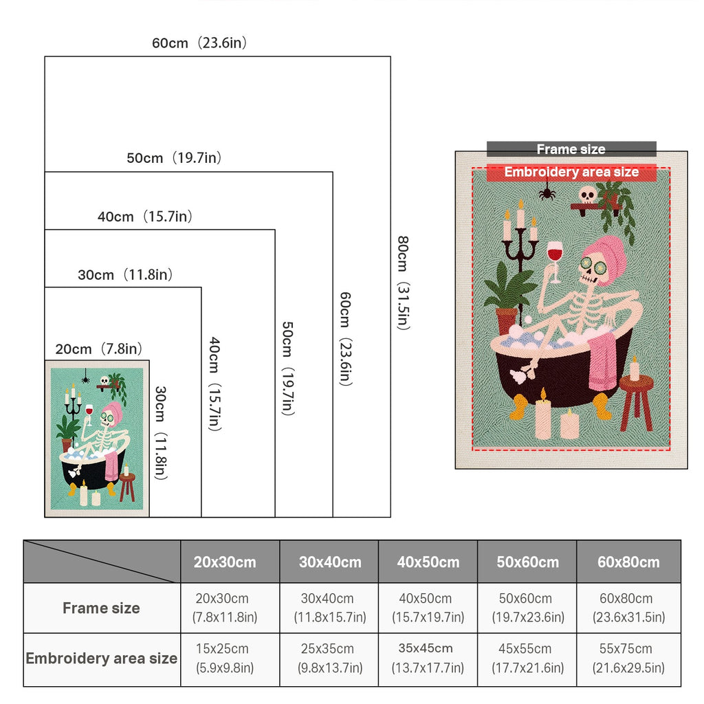 Size chart for punch needle kits from 20 x 30 cm to 60 x 80 cm