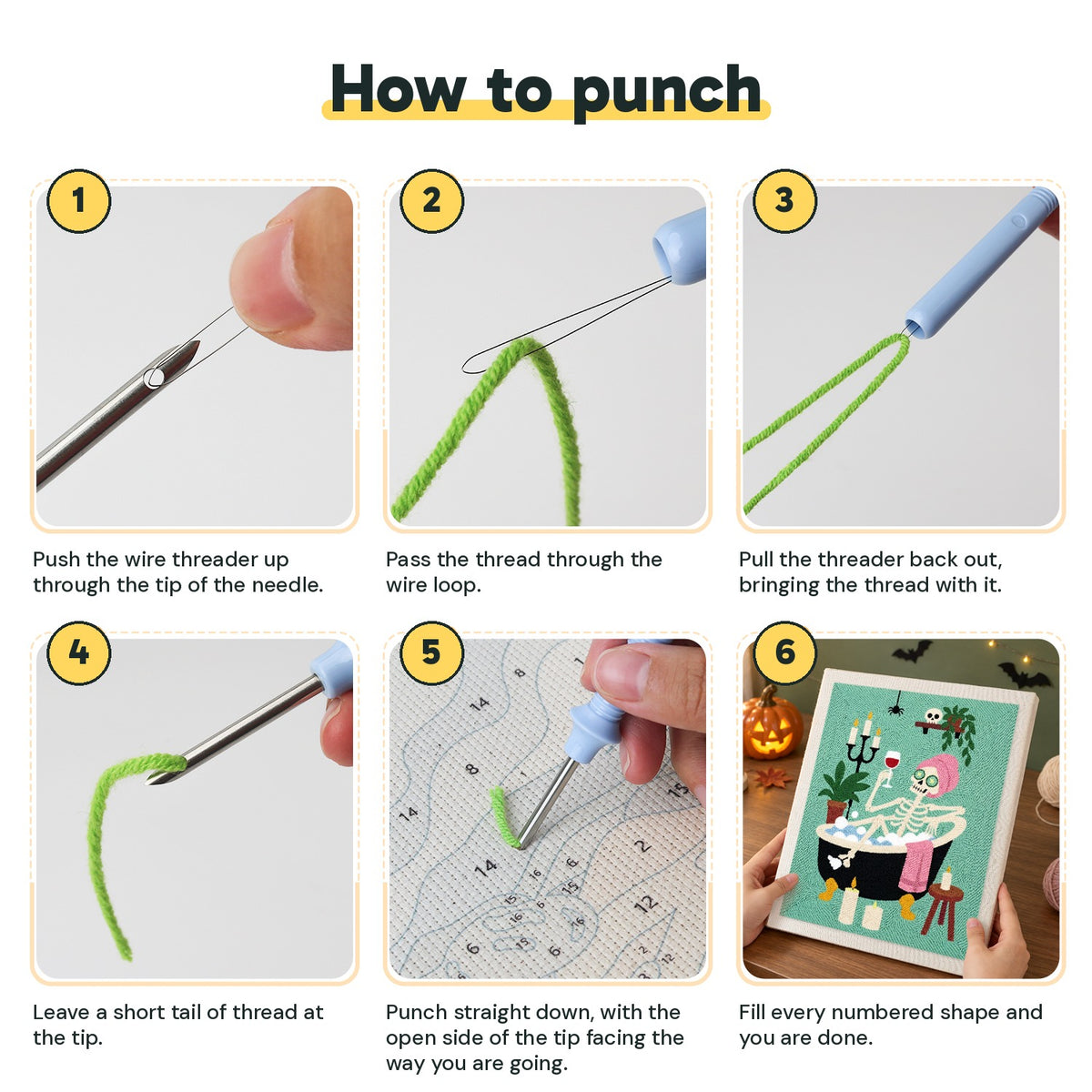 Six steps showing how to thread and use the punch needle