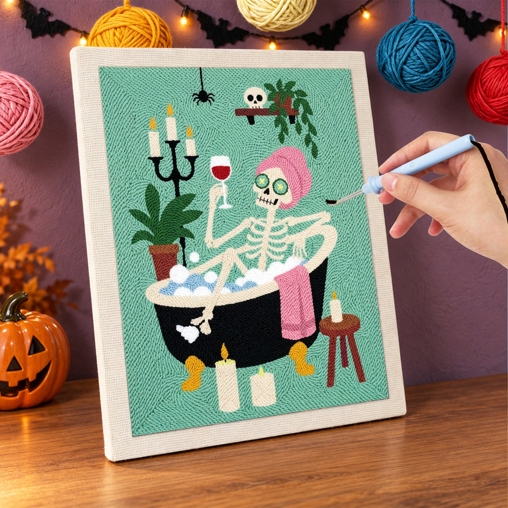 Punching the Skeleton Spa Night design with the punch needle