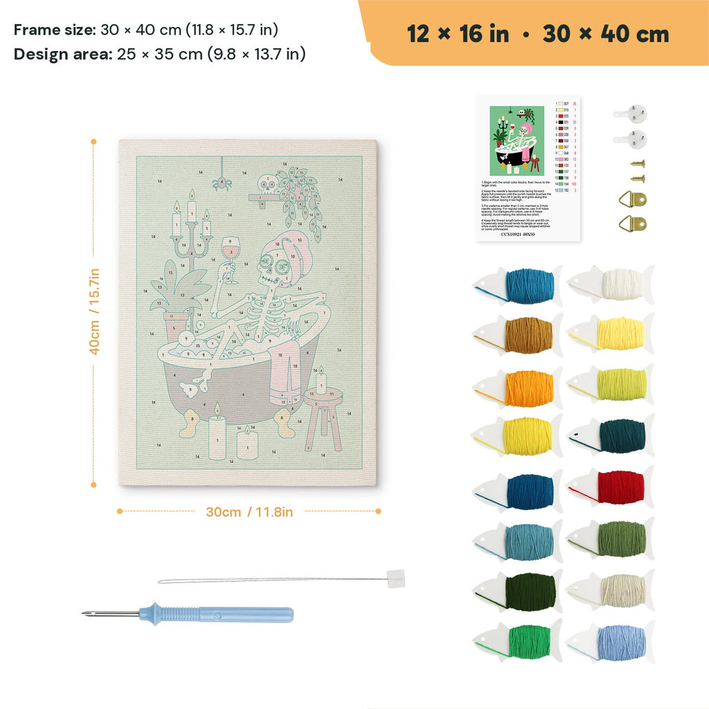 Skeleton Spa Night punch needle kit, 12 × 16 in (30 × 40 cm): canvas size and kit contents