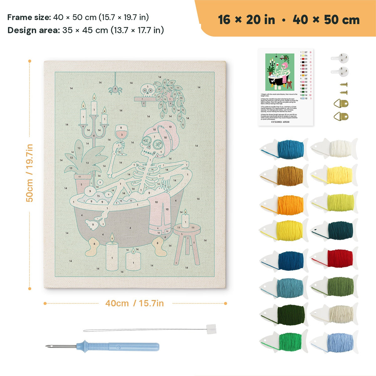 Skeleton Spa Night punch needle kit, 16 × 20 in (40 × 50 cm): canvas size and kit contents
