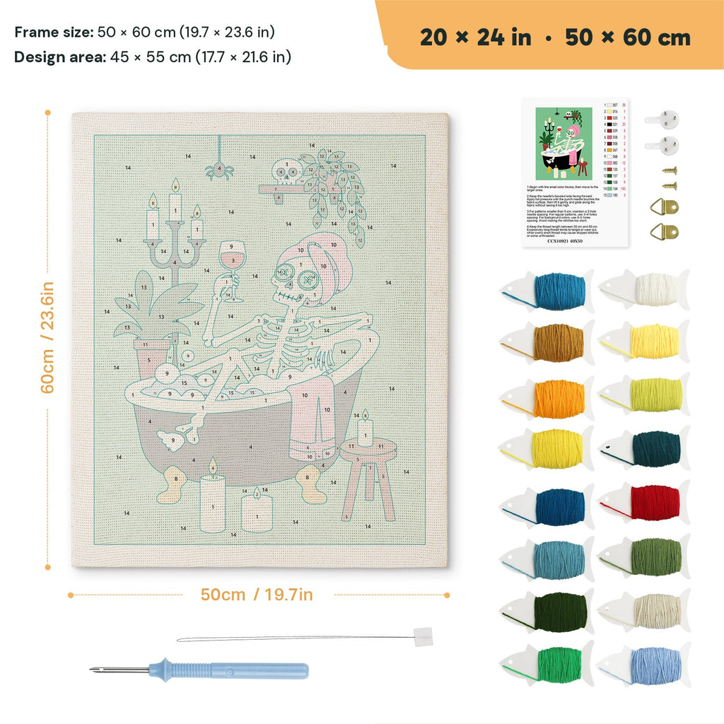 Skeleton Spa Night punch needle kit, 20 × 24 in (50 × 60 cm): canvas size and kit contents