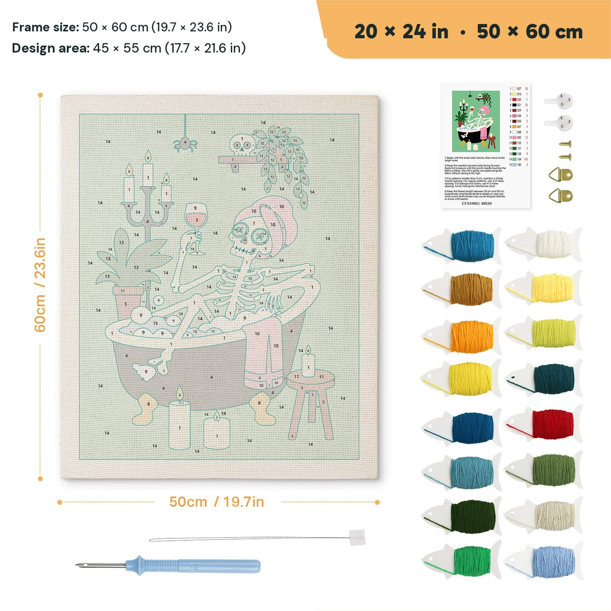 Skeleton Spa Night punch needle kit, 20 × 24 in (50 × 60 cm): canvas size and kit contents