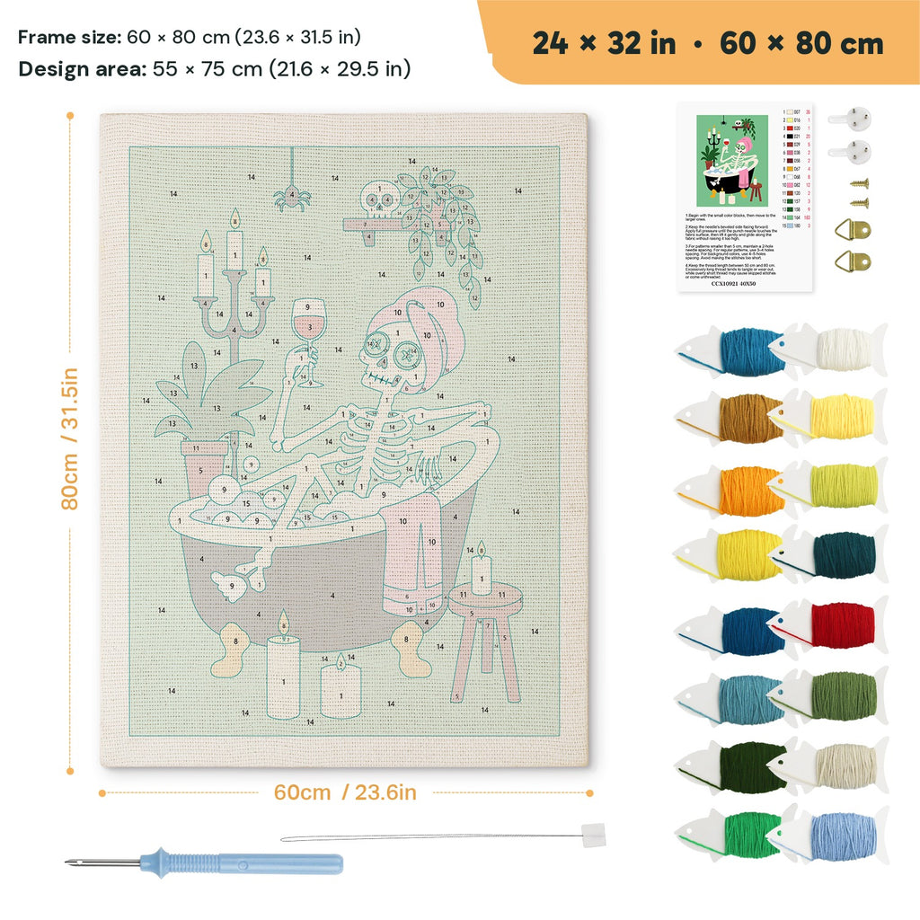 Skeleton Spa Night punch needle kit, 24 × 32 in (60 × 80 cm): canvas size and kit contents