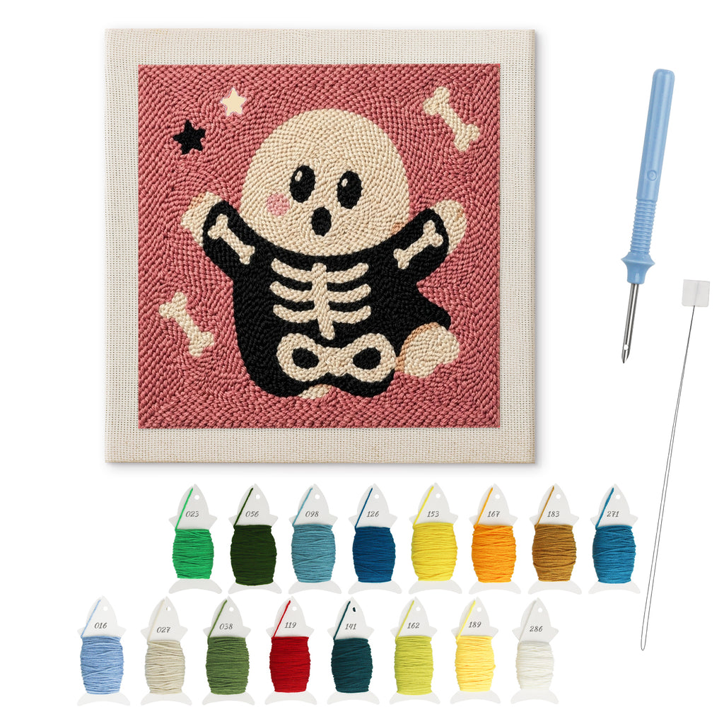 Skeleton Suit Ghost punch needle kit: finished canvas with threads, punch needle and threader