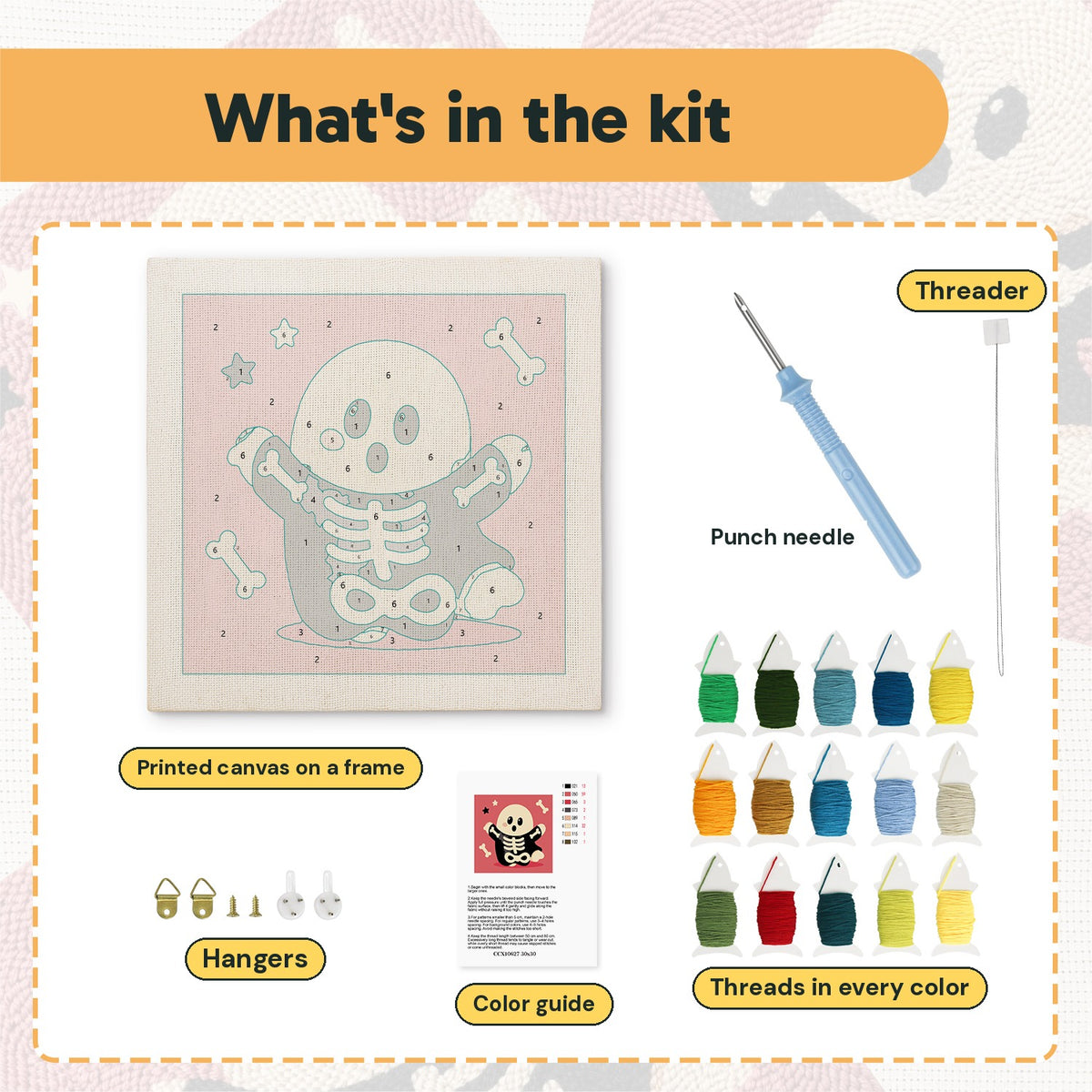 What is in the Skeleton Suit Ghost kit: printed canvas, punch needle, threader, threads, color guide and hangers