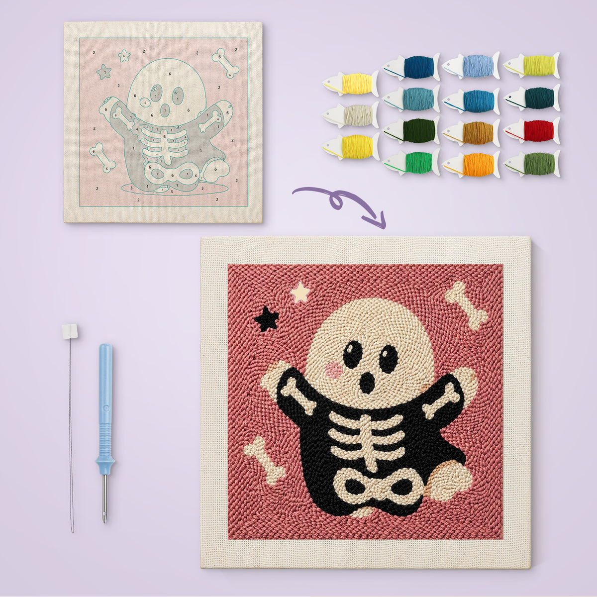 Skeleton Suit Ghost canvas before and after punching, with the threads and tools