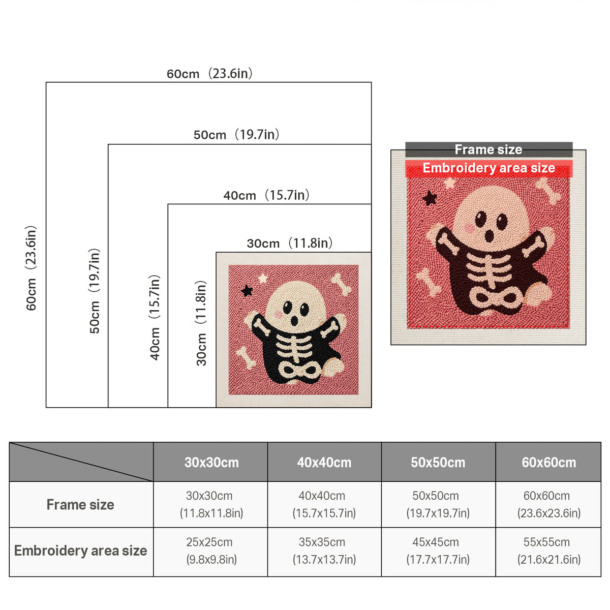 Size chart for square punch needle kits from 30 x 30 cm to 60 x 60 cm