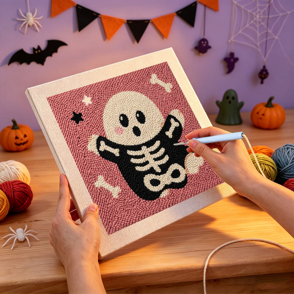 Punching the Skeleton Suit Ghost design with the punch needle