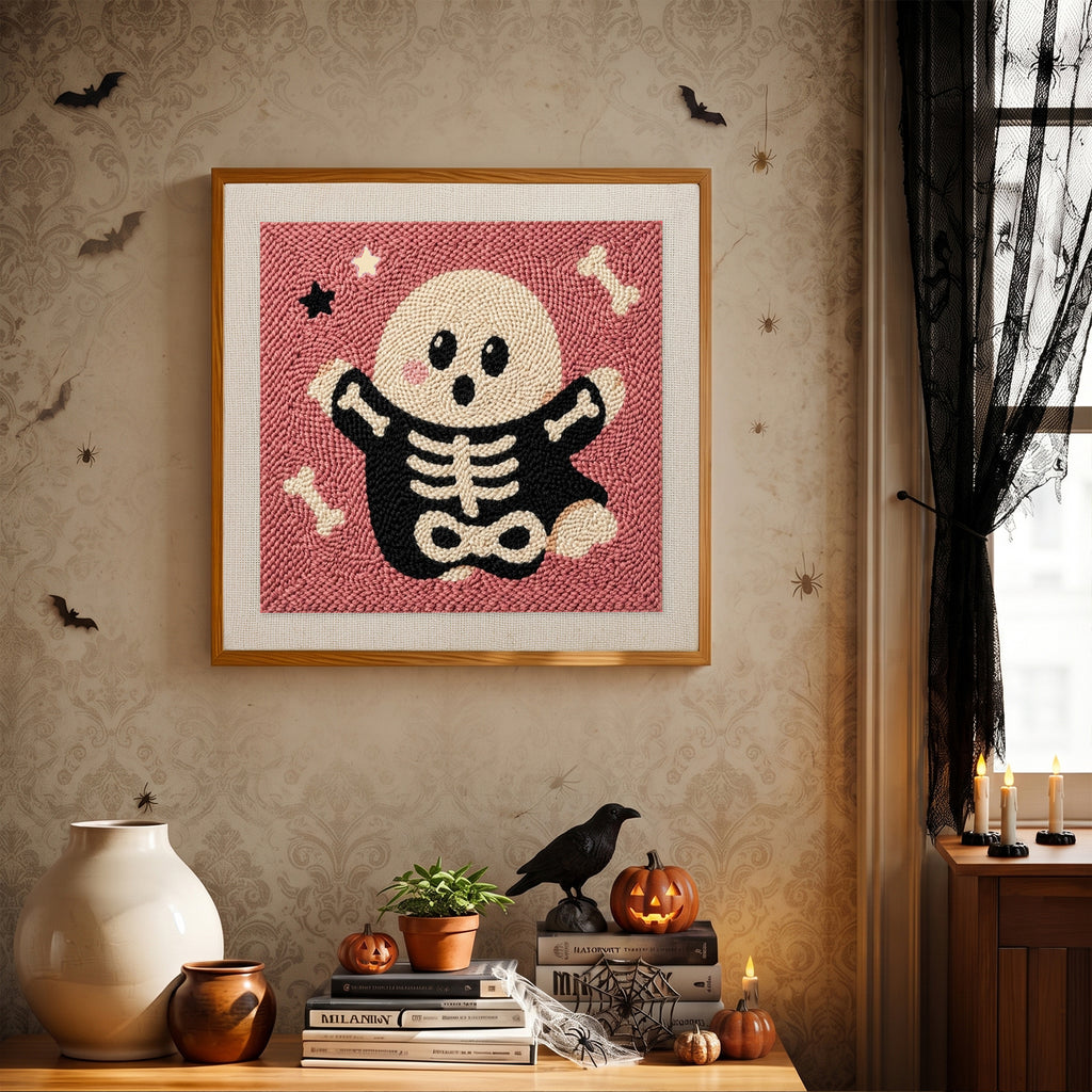 Finished Skeleton Suit Ghost punch needle canvas on a wall