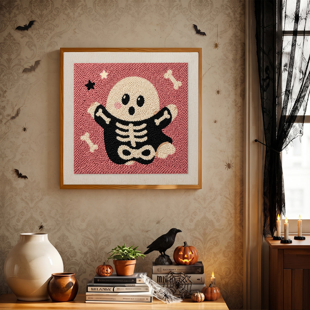 Finished Skeleton Suit Ghost punch needle canvas on a wall