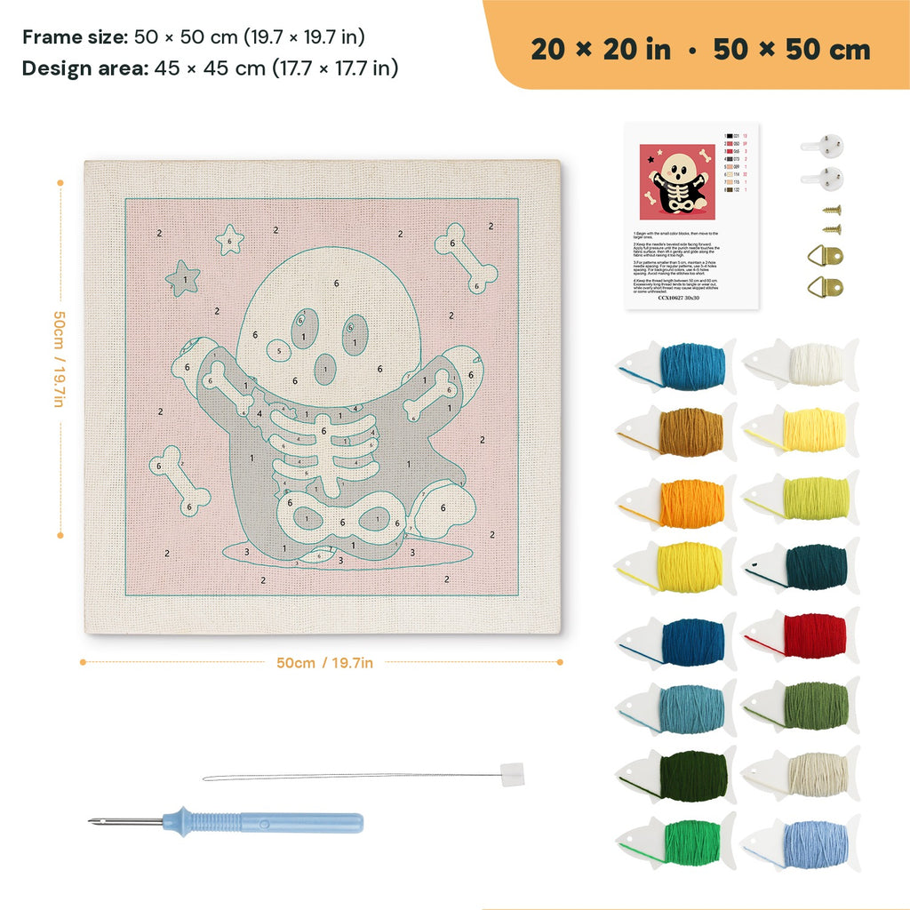 Skeleton Suit Ghost punch needle kit, 20 × 20 in (50 × 50 cm): canvas size and kit contents