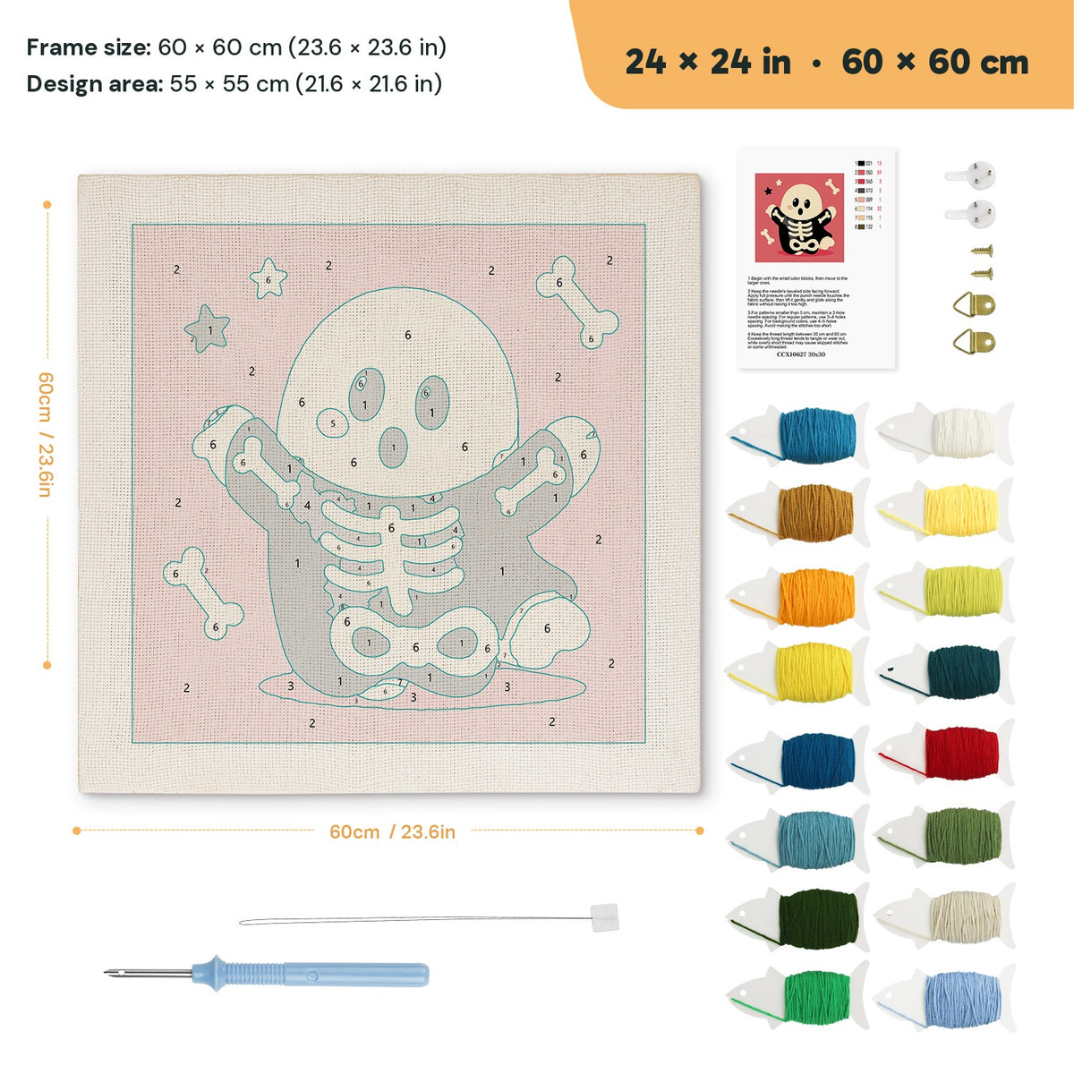 Skeleton Suit Ghost punch needle kit, 24 × 24 in (60 × 60 cm): canvas size and kit contents