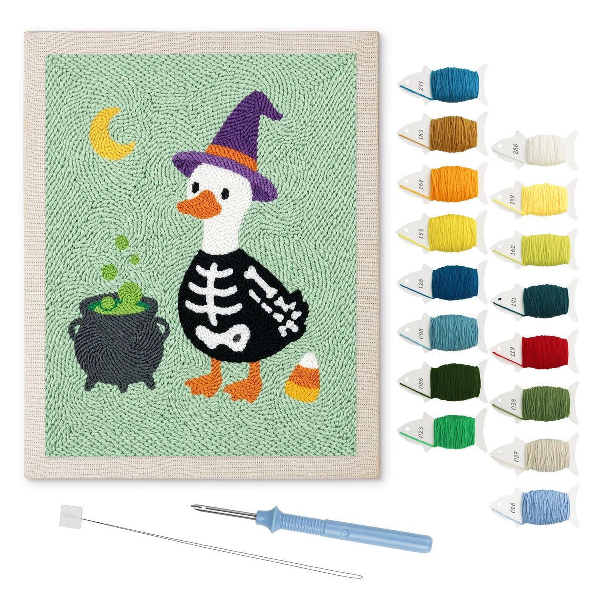Skeleton Suit Goose punch needle kit: finished canvas with threads, punch needle and threader