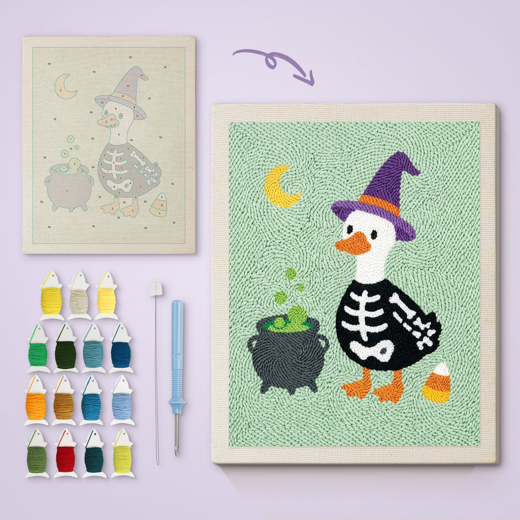 Skeleton Suit Goose canvas before and after punching, with the threads and tools
