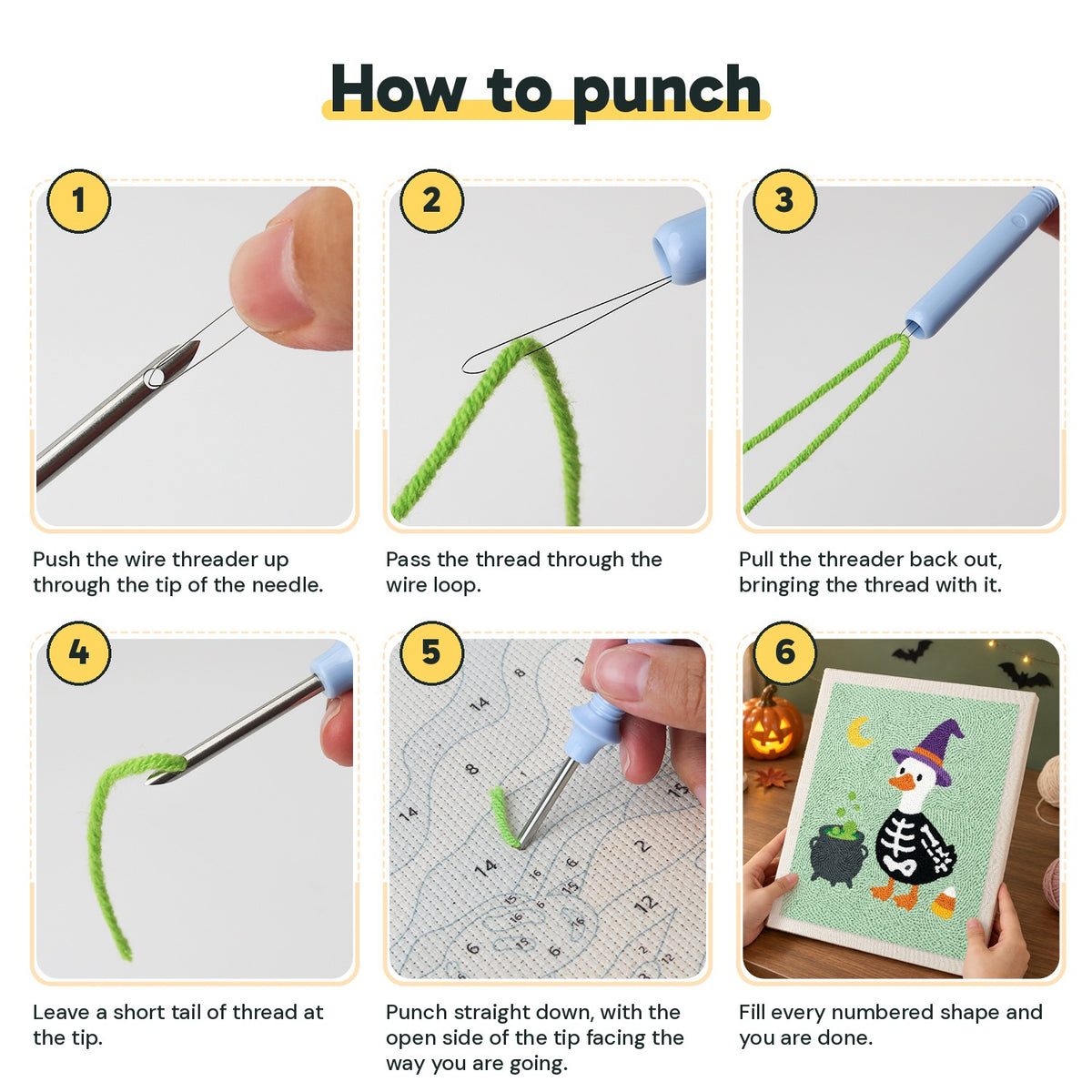 Six steps showing how to thread and use the punch needle