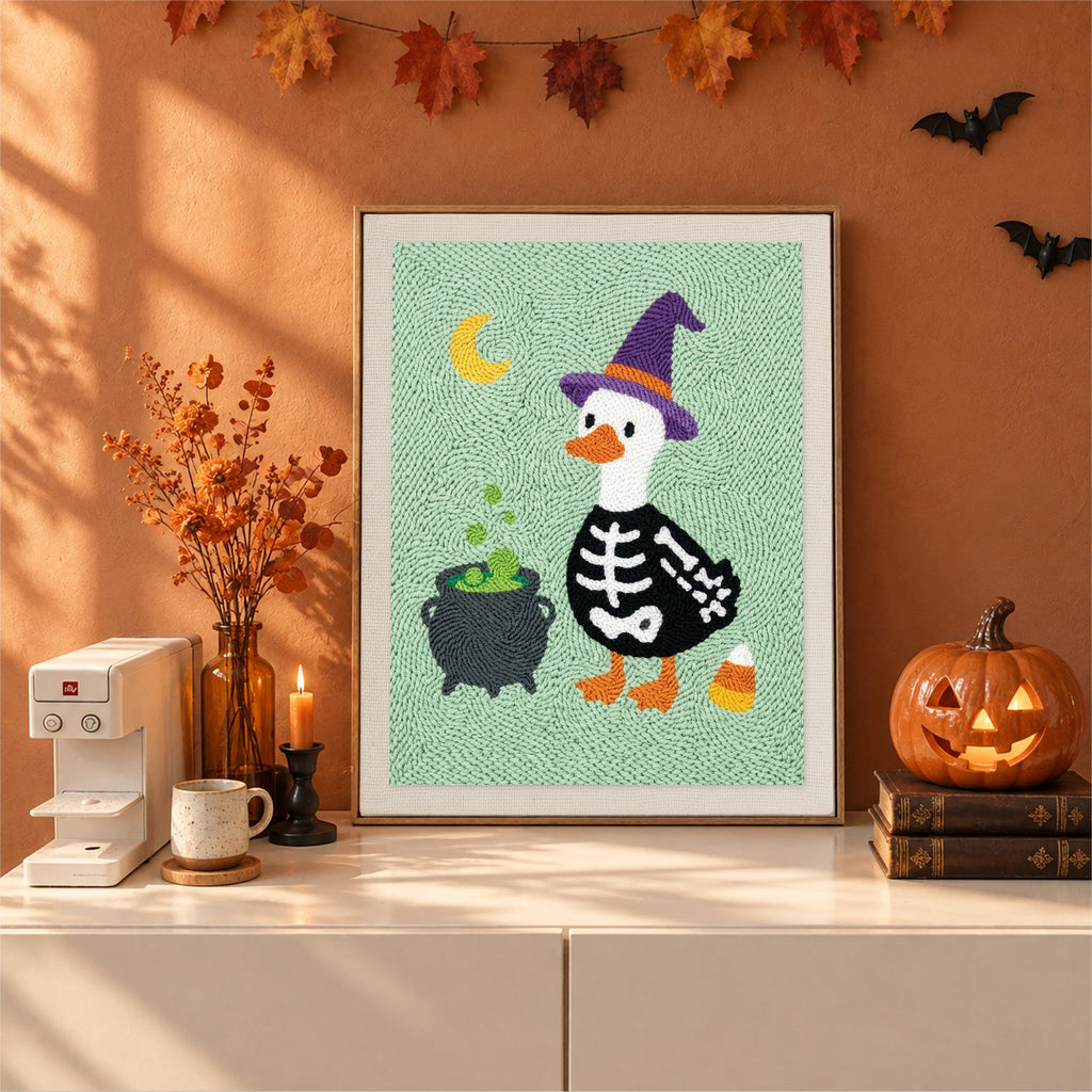 Finished Skeleton Suit Goose punch needle canvas on a wall
