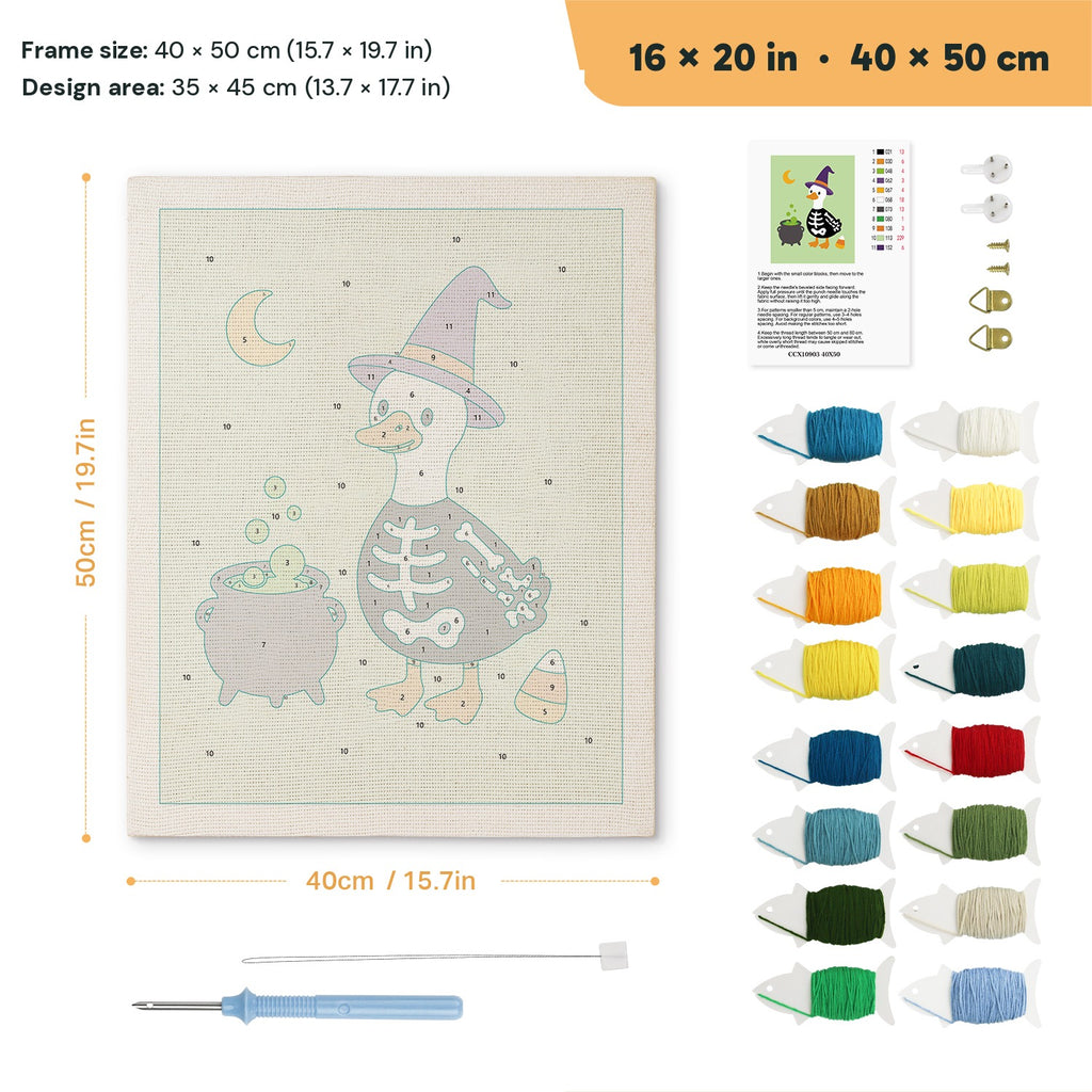 Skeleton Suit Goose punch needle kit, 16 × 20 in (40 × 50 cm): canvas size and kit contents
